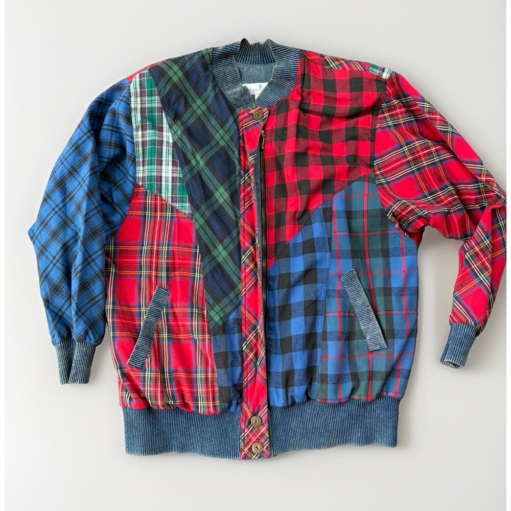 Vintage The La Costa Spa Plaid Patchwork Bomber Jacket Size L Retro 80s 90s